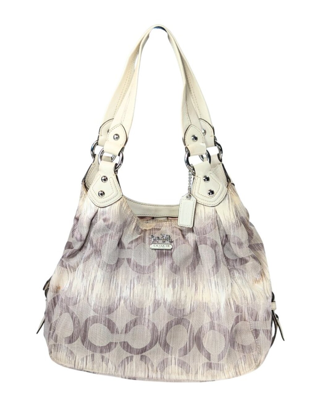 Coach Madison Op Art Ikat Maggie Ivory Gray Jacquard Leather Shoulder Bag READ